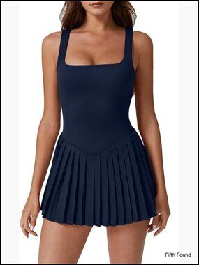 Sleeveless Square Neck Tennis Dress with Built-in Shorts and Pockets